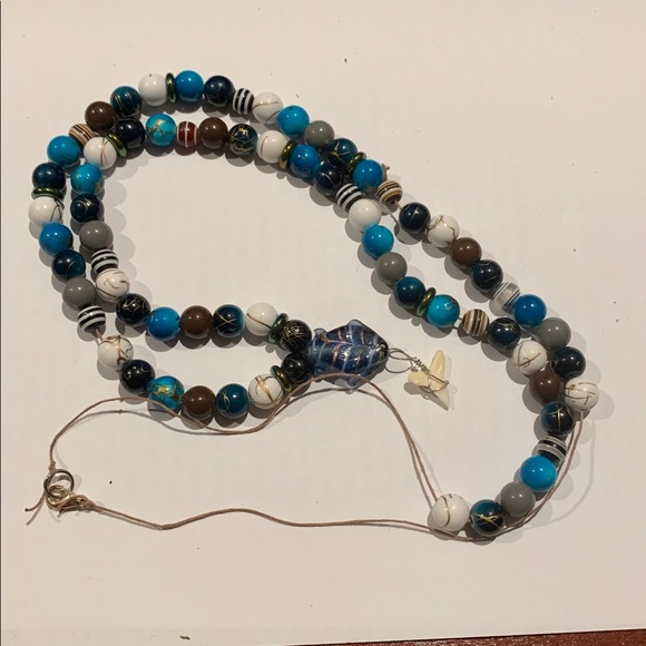Handmade Jewelry - Vintage glass and plastic beads w glass fish, shark tooth pendant 40” necklace